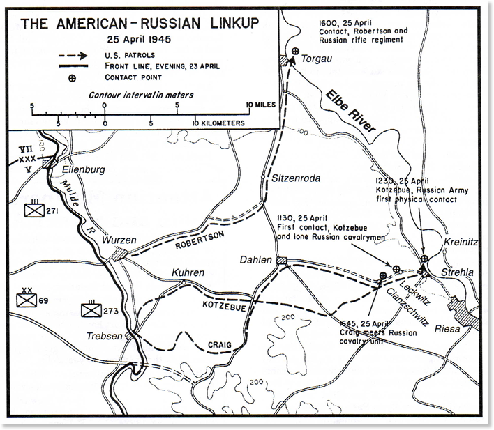 Figure 3: The American-Russian Linkup Map showing the locations of the 69th Inf Div 273rd Inf Rgt's first contact with elements of the Soviet 58th Guards: (1) 1130 & 1230 Kotzebue Patrol, (2) 1600 Robertson Patrol, and (3) 1645 Craig Patrol. (1130=11:30 AM; 1230=12:30 PM; 1600=4:00 PM; 1645=4:45 PM).