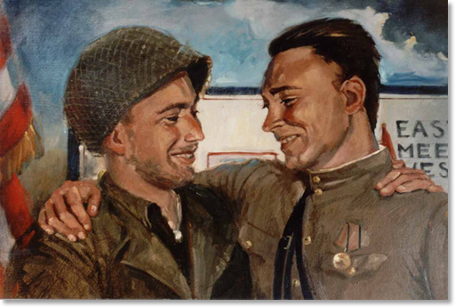 Figure 2: American 2nd Lt. William D. Robertson (left, 69th Infantry Division) and Soviet Lt. Alexander Silvashko (right, 58th Guards Division) embrace in a 50th Anniversary painting of the Link-Up. They were leaders of their respective patrols that met at 1600 on the blasted Elbe River Torgau Bridge on 25-April-1945. This painting was commissioned for Elbefest 2005. For more information on this painting and the event it comemorates, click here.