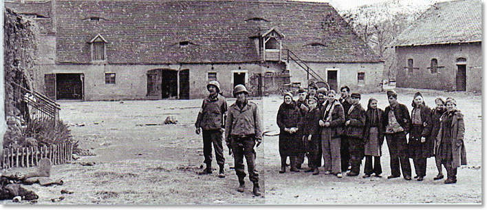 Figure 6. Kotzebue Patrol 11:30AM. At this farmhouse courtyard near Leckwitz, Germany stands 1st Lt. Albert L. Kotzebue, Co G 273rd Inf Rgt with one of his men, where at 11:30 AM, April 25, 1945 elements of his patrol met a lone Soviet cavalryman from Kazakhstan. The first meeting of the Americans and Russians in WWII. "He was extremly reticent. He was quiet, reserved, aloof, not enthusiastic. The first meeting of the two Armies certainly was not one of wild joy, but rather of cautious fencing. Or, perhaps, the Russian was just plain stupified and couldn't realize what had happened.