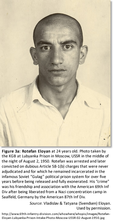 Figure 3a: Rotefan Eloyan at 24 years old. Photo taken by the KGB at Lubyanka Prison in Moscow, USSR in the middle of the night of August 2, 1950. Rotefan was arrested and later convicted on dubious Article 58-1(b) charges that were never adjudicated and for which he remained incarcerated in the infamous Soviet “Gulag” political prison system for five years before being released and fully exonerated. His “crime” was his friendship and association with the American 69th Inf Div after being liberated from a Nazi concentration camp in Saalfeld, Germany by the American 87th Inf Div. Source: Vladislav & Tatyana (Svendsen) Eloyan. Used by permission.